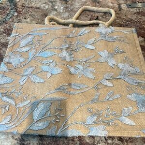Embroidered Floral Burlap Tote - Natural with Light Blue Embroidery- Brand New
